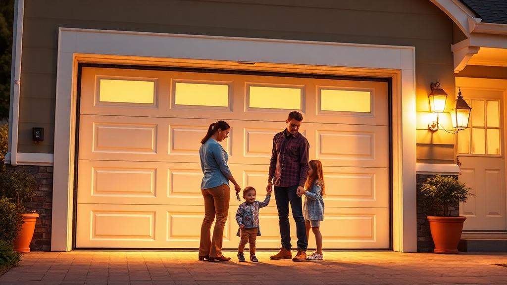 Family standing safely near garage door with modern safety features