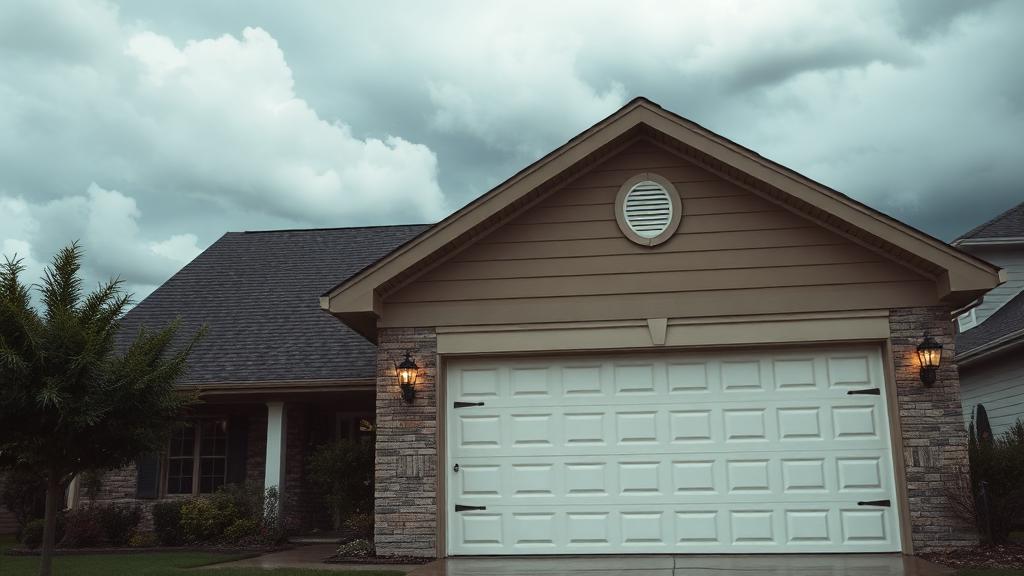 Home with reinforced garage door under stormy sky